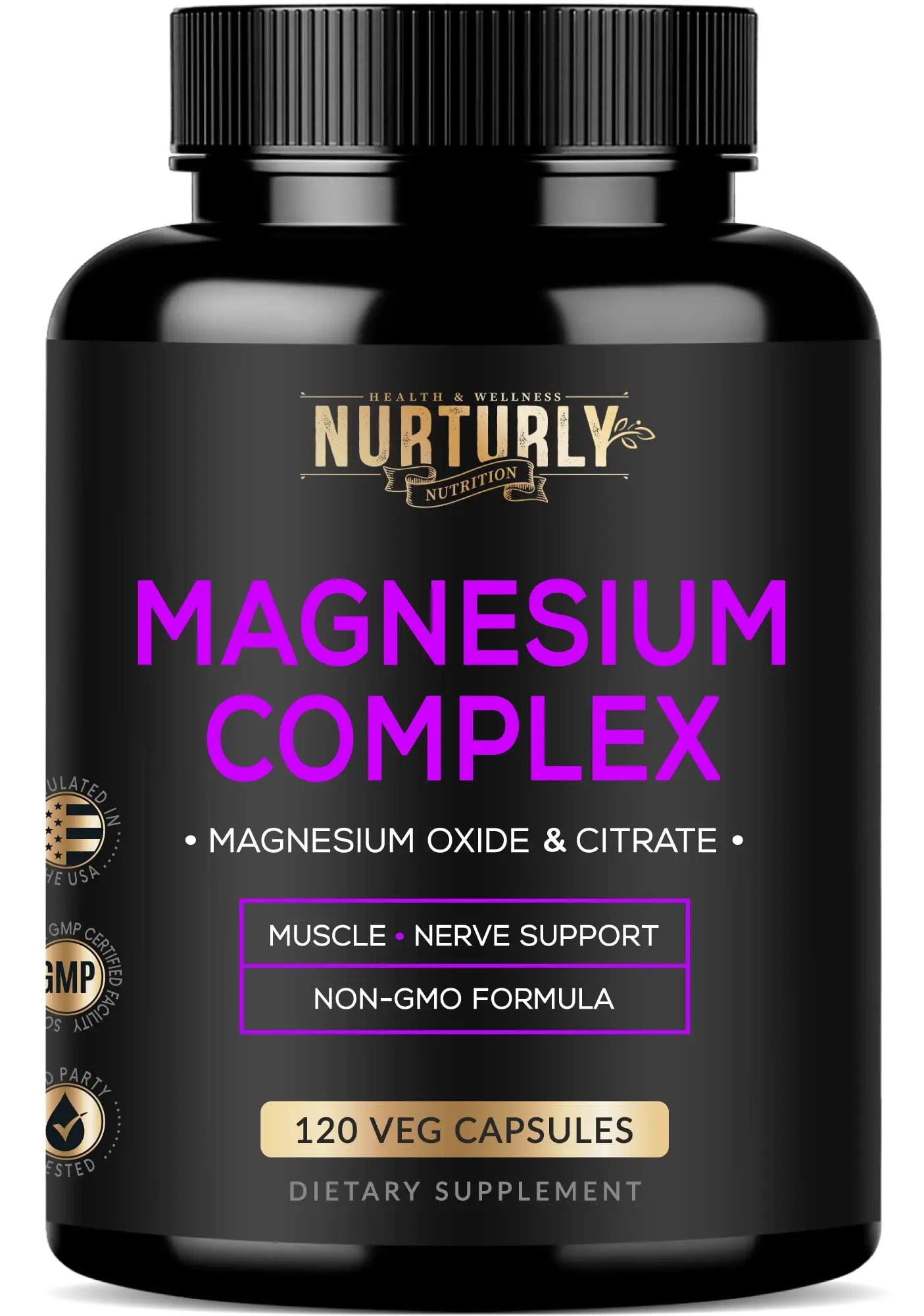 Supplement bottle labeled 'Magnesium Complex' by Nurturly Nutrition on a white background