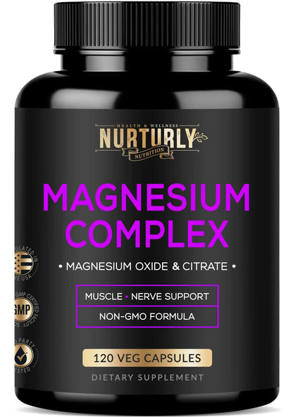 Supplement bottle labeled 'Magnesium Complex' by Nurturly Nutrition on a white background