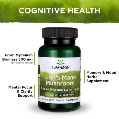 Swanson Lion's Mane Mushroom Capsules - 500 mg Each, 60 Capsules -