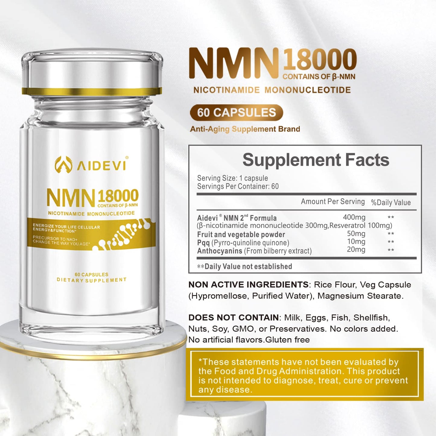 AIDEVI NMN 18000 - Nicotinamide Mononucleotide Supplement with Resveratrol, Stabilized Form & 99% High Purity to Boost NAD+ Levels for DNA Repair Supplement, for Healthy Aging, 60 Capsules AIDEVIBuy Supplements Australia