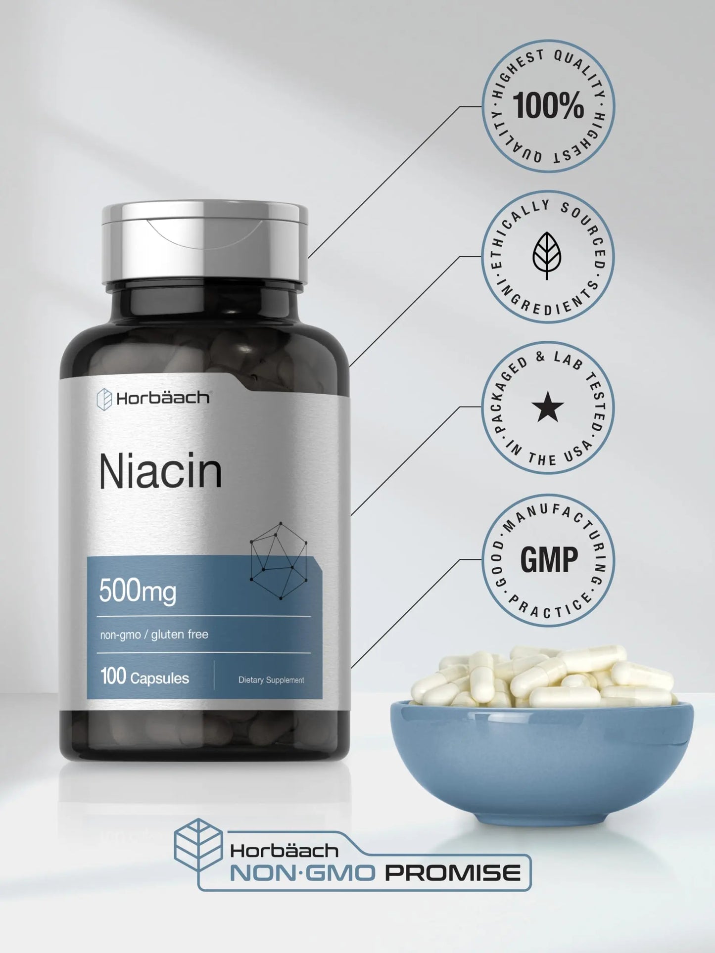 Niacin | Vitamin B3 500mg | 100 Capsules | with Flushing | Non-GMO, and Gluten Free Horbäach