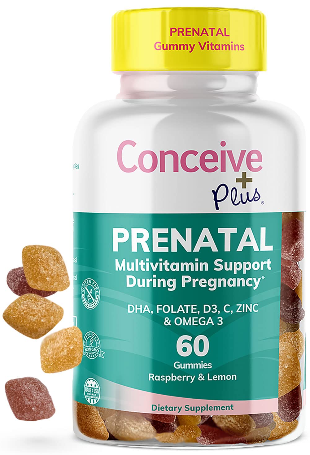 CONCEIVE PLUS Prenatal Gummies - DHA, Folic Acid, Vitamin D3, C, Zinc, and Omega 3, Natural Lemon CONCEIVE PLUS