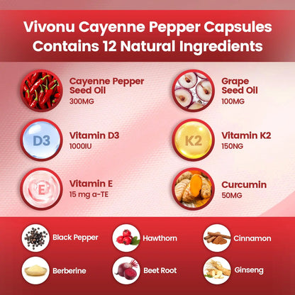 VivoNu Cayenne Pepper Softgels Supplement, Supports Leg Vein, Heart and Blood Vessel Health, with Vitamin E D3+K2 and Extracts of Grape Seed, Hawthorn VivoNu