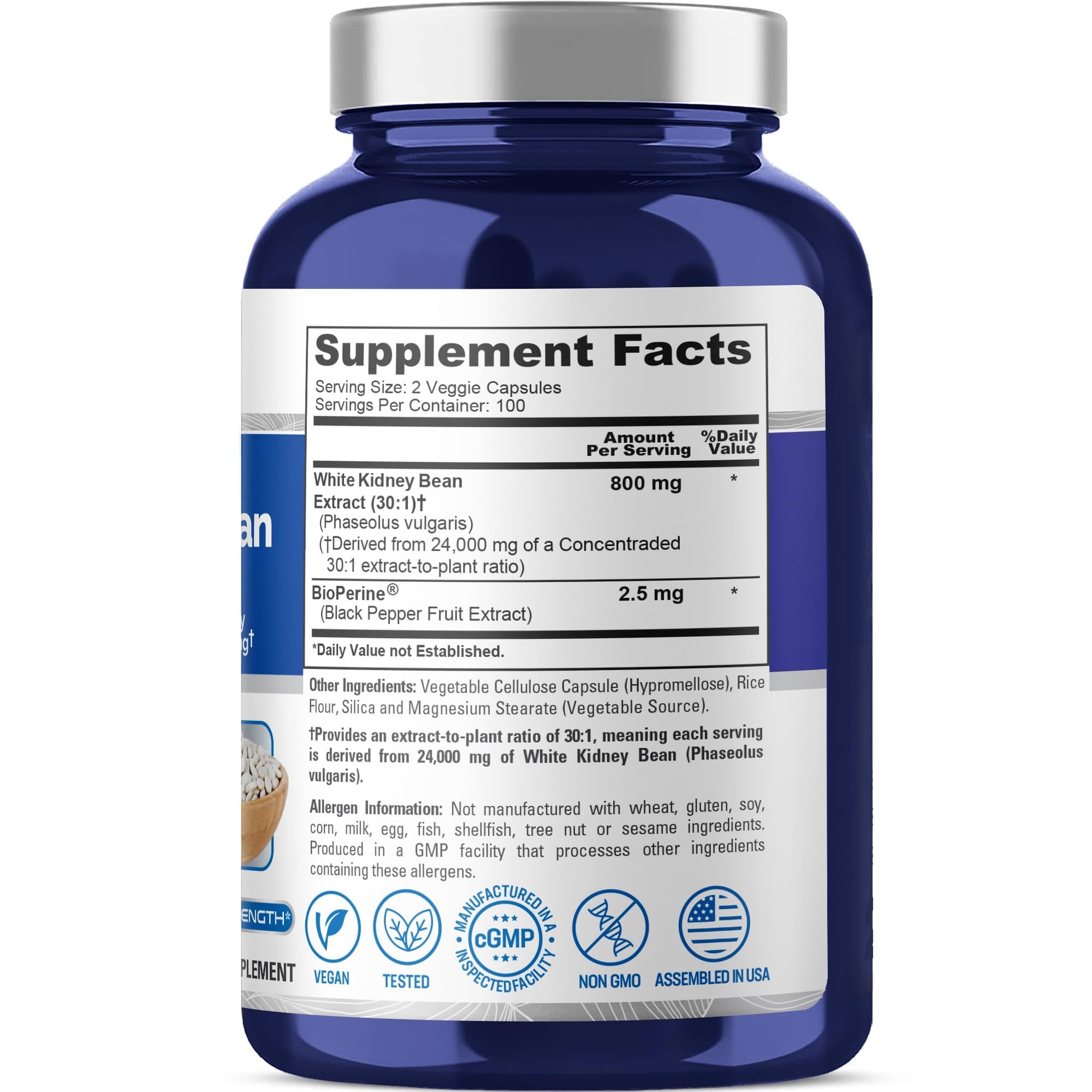 NusaPure White Kidney Beans 30:1 Extract, 800 mg Equivalent to 24,000 mg 200 Vegan Capsules - Bioperine - (Vegan, Non-GMO) NusaPureBuy Supplements Australia