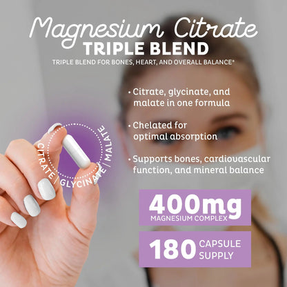 Zeal Naturals Triple Magnesium Complex Supplement - Glycinate, Malate, Citrate | 400mg, 180 Capsules | High Absorption Chelated Magnesium for Sleep, Mood, Muscle Recovery, Relaxation Zeal Naturals buy supplements Au