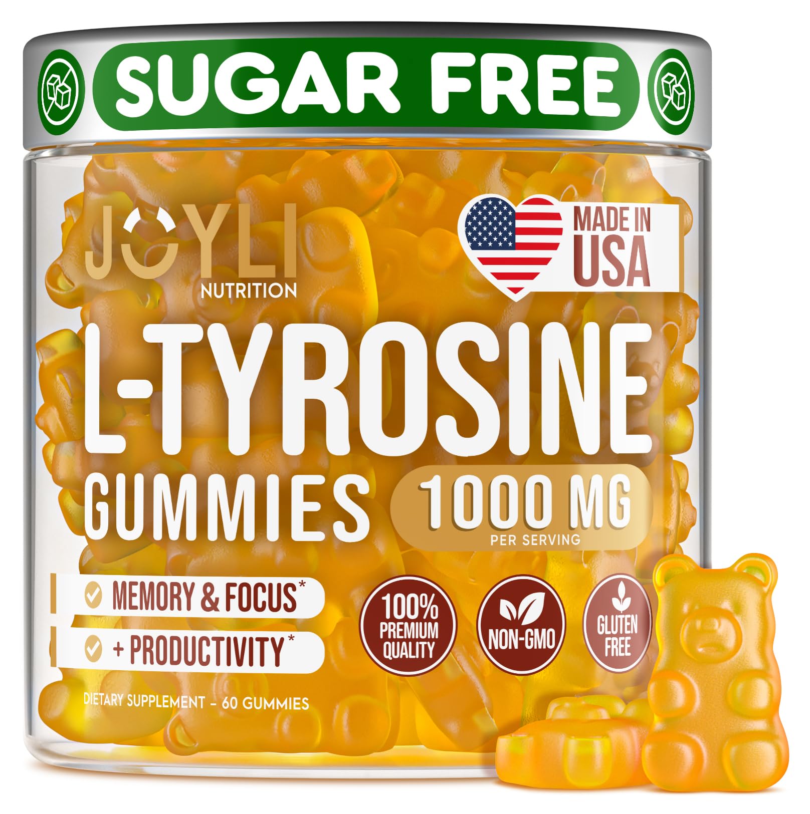 Joyli L Tyrosine Gummies 1000MG - L-Tyrosine Supplement for Kids & Adults - Calm & Focus Gummies for Brain, Memory, Mood, and Energy - 500mg L- Tyrosine Powder per Gummy - Vegan, Gluten-Free JOYLI NutritionBuy Supplements Australia