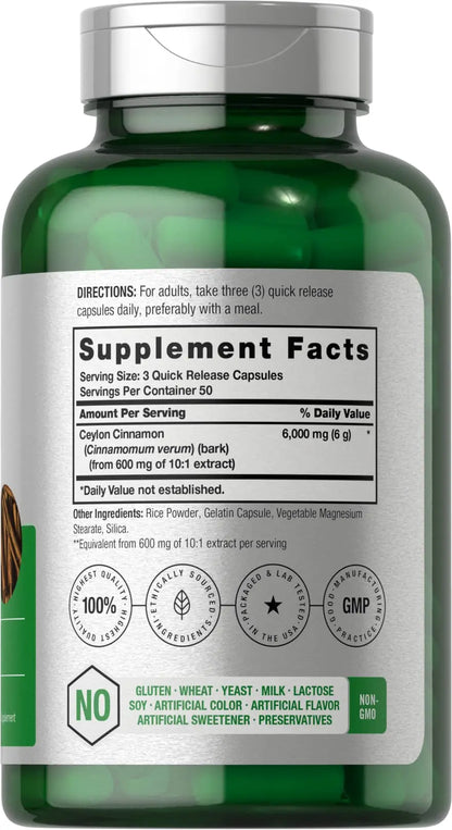 Ceylon Cinnamon Capsules | 6000 mg | 150 Count | Non-GMO & Gluten Free Supplement Horbäach