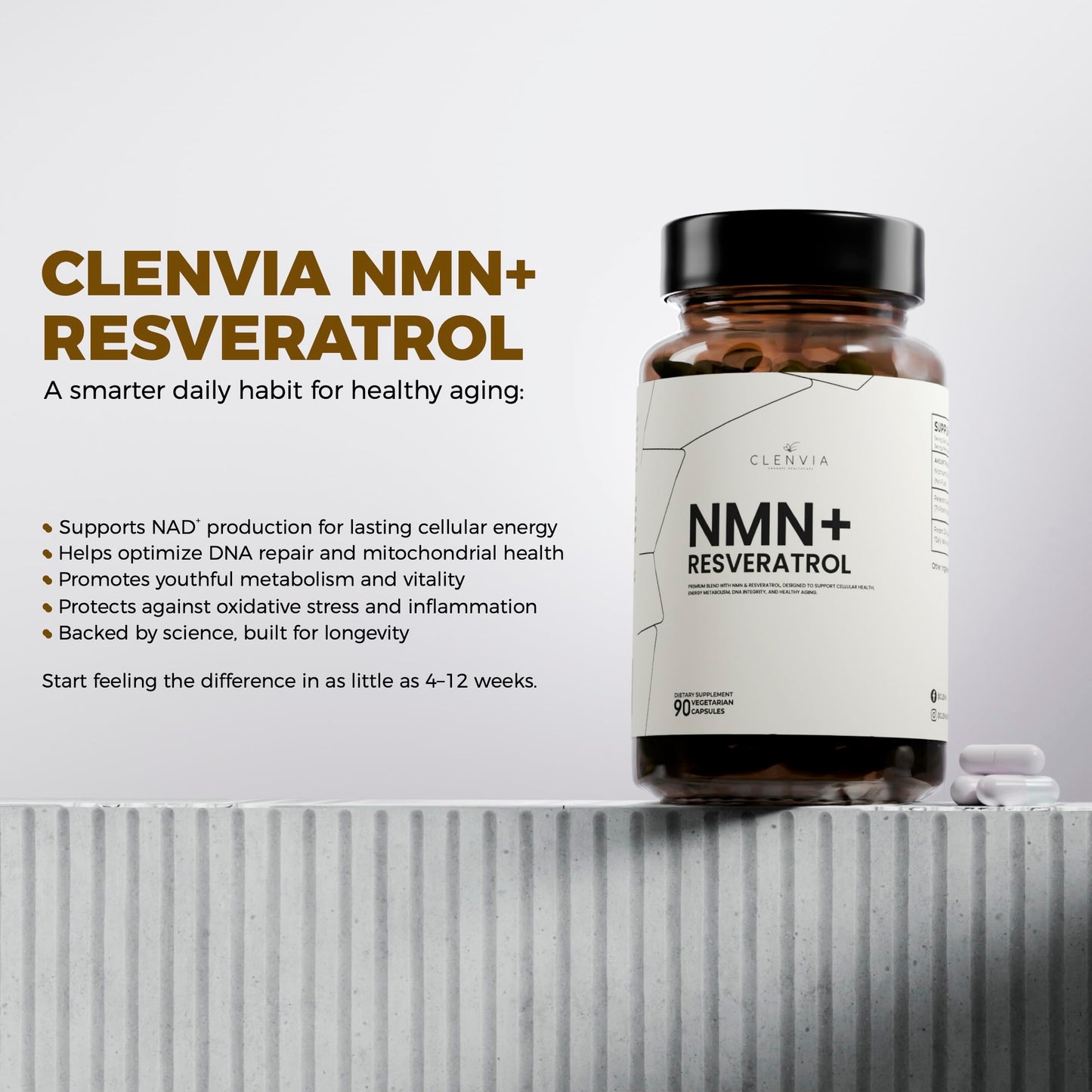 CLENVIA Premium NMN Supplement with Resveratrol – High Potency NAD+ Support Formula – >99.7% Purity – Third-Party Tested – Made in USA – 500mg Nicotinamide + 100mg Resveratrol – 90 Capsules CLENVIABuy Supplements Australia