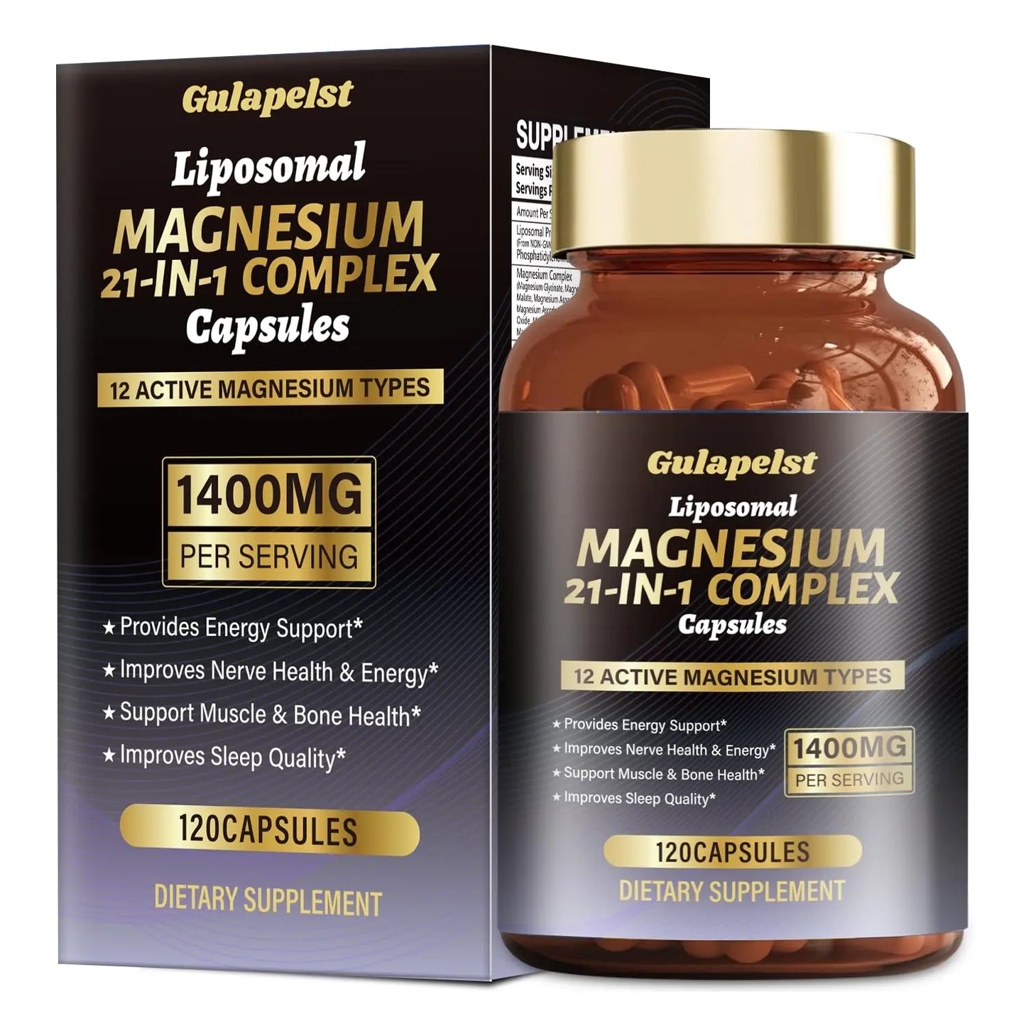 21 in 1 Liposomal 1400mg Magnesium Complex (Citrate, Glycinate, Malate etc) Capsule - 12 Active Types Magnesium with Vitamin D3, B6, B12, C, Ashwagandha & CoQ10 for Women & Men Gulapelst