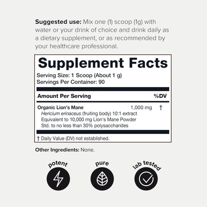 10,000mg 10x Concentrated Ultra High Strength Organic Lions Mane Powder Toniiq