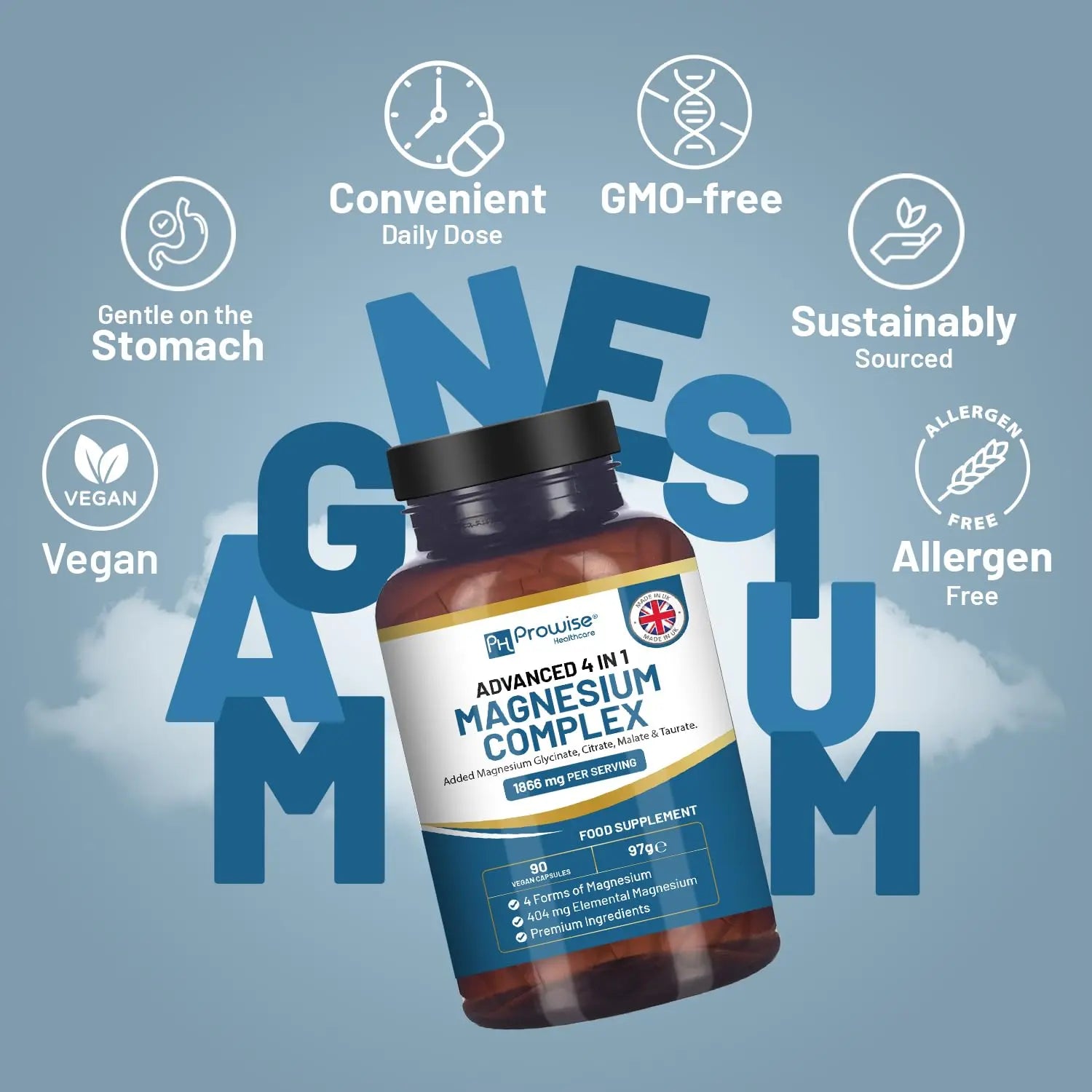 Magnesium Glycinate Complex 4 in 1-1866mg per Serving | Precise 404mg Elemental Magnesium dose | Added Magnesium Glycinate, Citrate, Malate & Taurate | 90 Vegan Capsules - by Prowise PH PROWISE Healthcare buy supplements Au