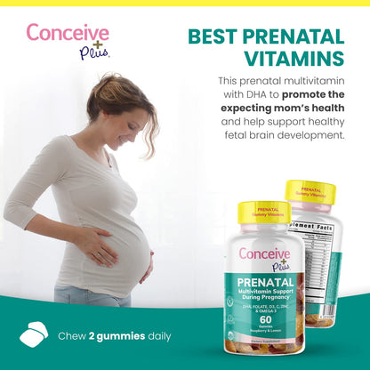 CONCEIVE PLUS Prenatal Gummies - DHA, Folic Acid, Vitamin D3, C, Zinc, and Omega 3, Natural Lemon CONCEIVE PLUS