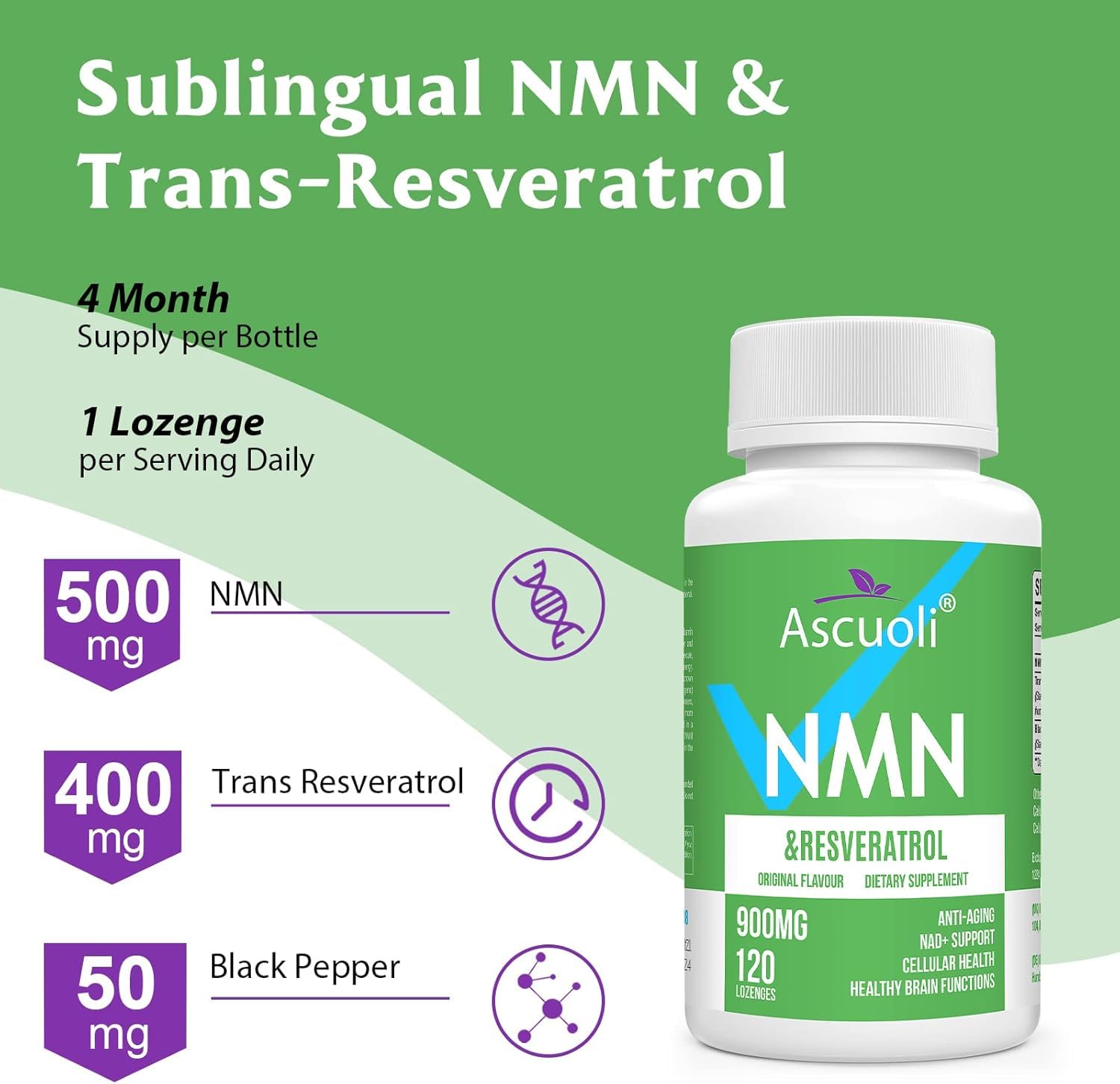 Sublingual NMN 500mg + Trans-Resveratrol 400mg, 3-in-1 Advanced Formula 99% Pure NMN Resveratrol Supplement for Boost* NAD, Cell, Immune, Energy & Muscle, Anti-Aging, 120 Lozenges, 120-Day Supply AscuoliBuy Supplements Australia