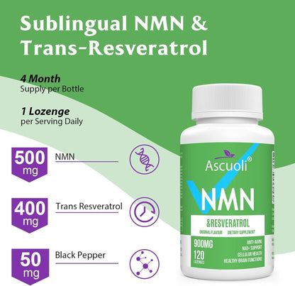 Sublingual NMN 500mg + Trans-Resveratrol 400mg, 3-in-1 Advanced Formula 99% Pure NMN Resveratrol Supplement for Boost* NAD, Cell, Immune, Energy & Muscle, Anti-Aging, 120 Lozenges, 120-Day Supply AscuoliBuy Supplements Australia