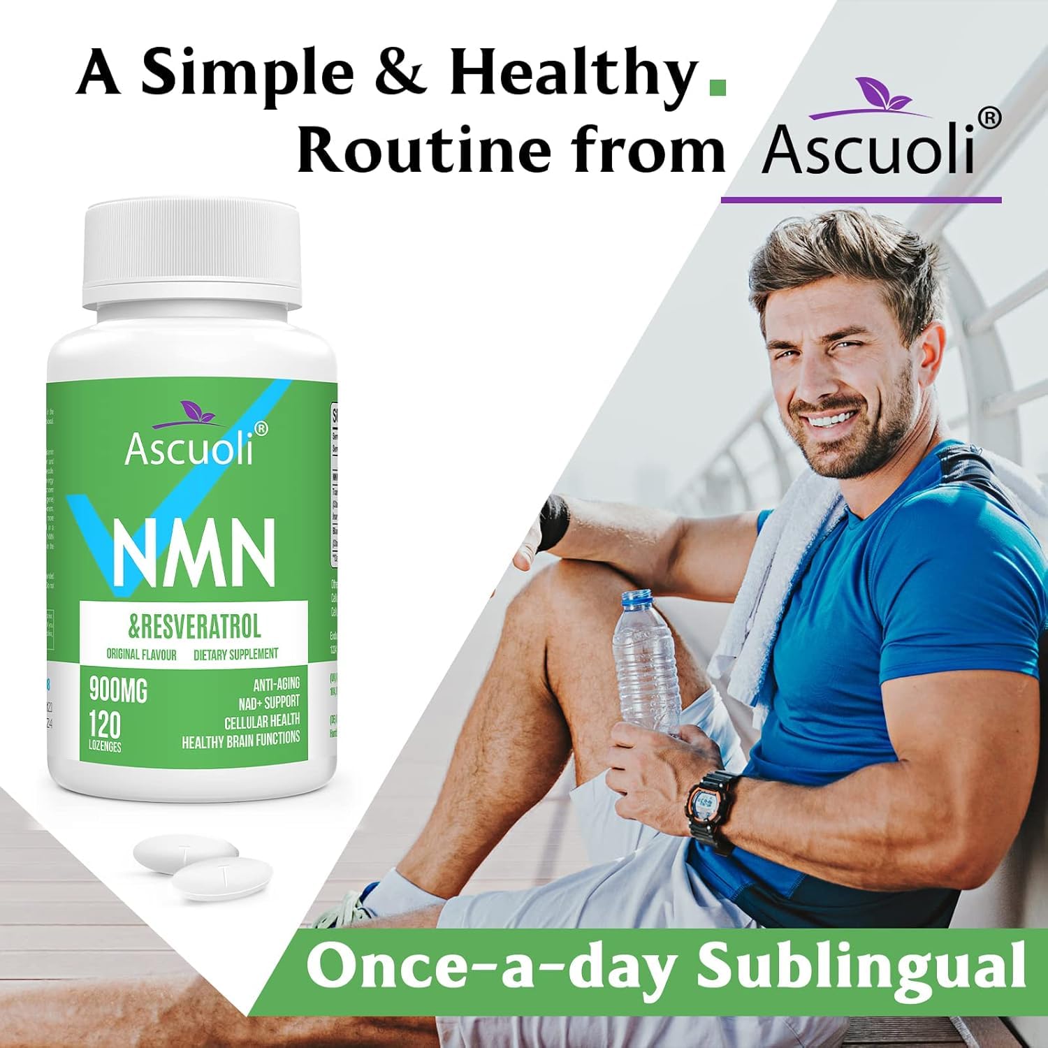 Sublingual NMN 500mg + Trans-Resveratrol 400mg, 3-in-1 Advanced Formula 99% Pure NMN Resveratrol Supplement for Boost* NAD, Cell, Immune, Energy & Muscle, Anti-Aging, 120 Lozenges, 120-Day Supply AscuoliBuy Supplements Australia