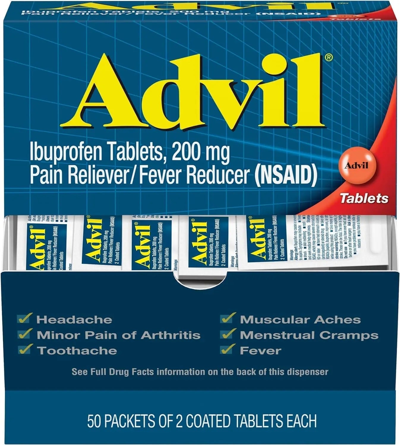 Advil Ibuprofen Tablets, 200 mg Pain Reliever/Fever Reducer (NSAID), 100 Tablets (50 Packets of 2 Tablets Each) AdvilBuy Supplements Australia