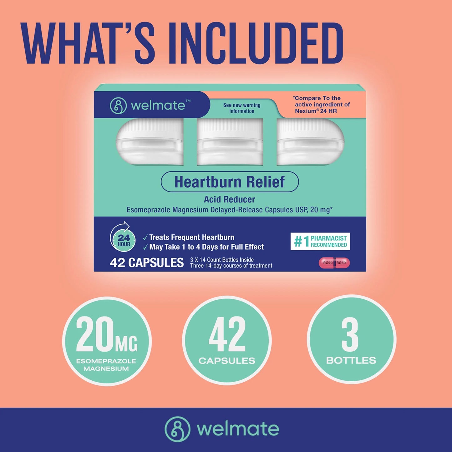WELMATE Esomeprazole Magnesium 20mg Delayed Release Capsules, 84 Count (2-Pack) – Acid Reducer for Frequent Heartburn & Acid Reflux Relief, 24HR Protection, Digestion Support WELMATE buy supplements Au