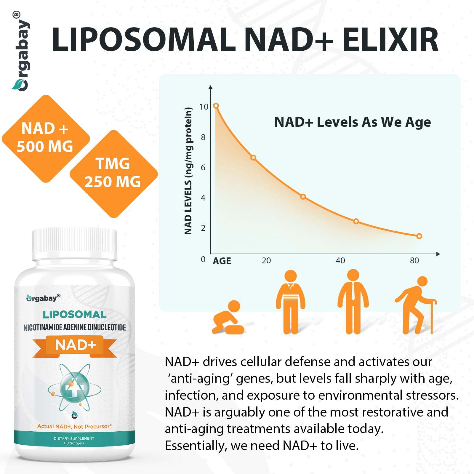 Orgabay Liposomal NAD+ Supplement 500 mg, High Absorption, Boost NAD+ with TMG 250 mg, Actual NAD Plus More Efficient Than Nicotinamide Riboside, Support Cellular Energy, Healthy Aging | 180 Softgels OrgabayBuy Supplements Australia
