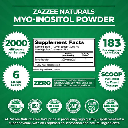 Zazzee Myo-Inositol Powder, 6 Month Supply, 183 Servings, 2000 mg per Serving Zazzee