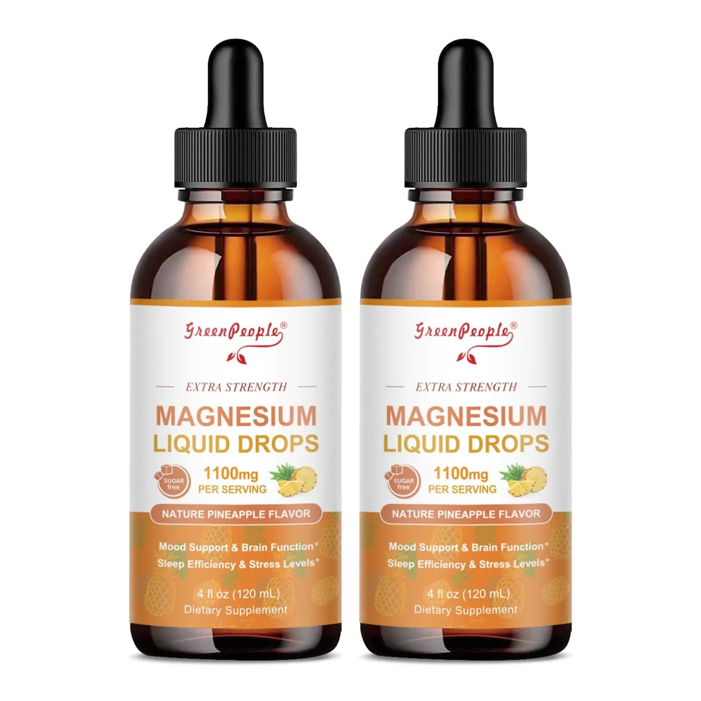 Two bottles of Green People magnesium liquid drops on a white background
