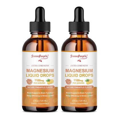 Two bottles of Green People magnesium liquid drops on a white background