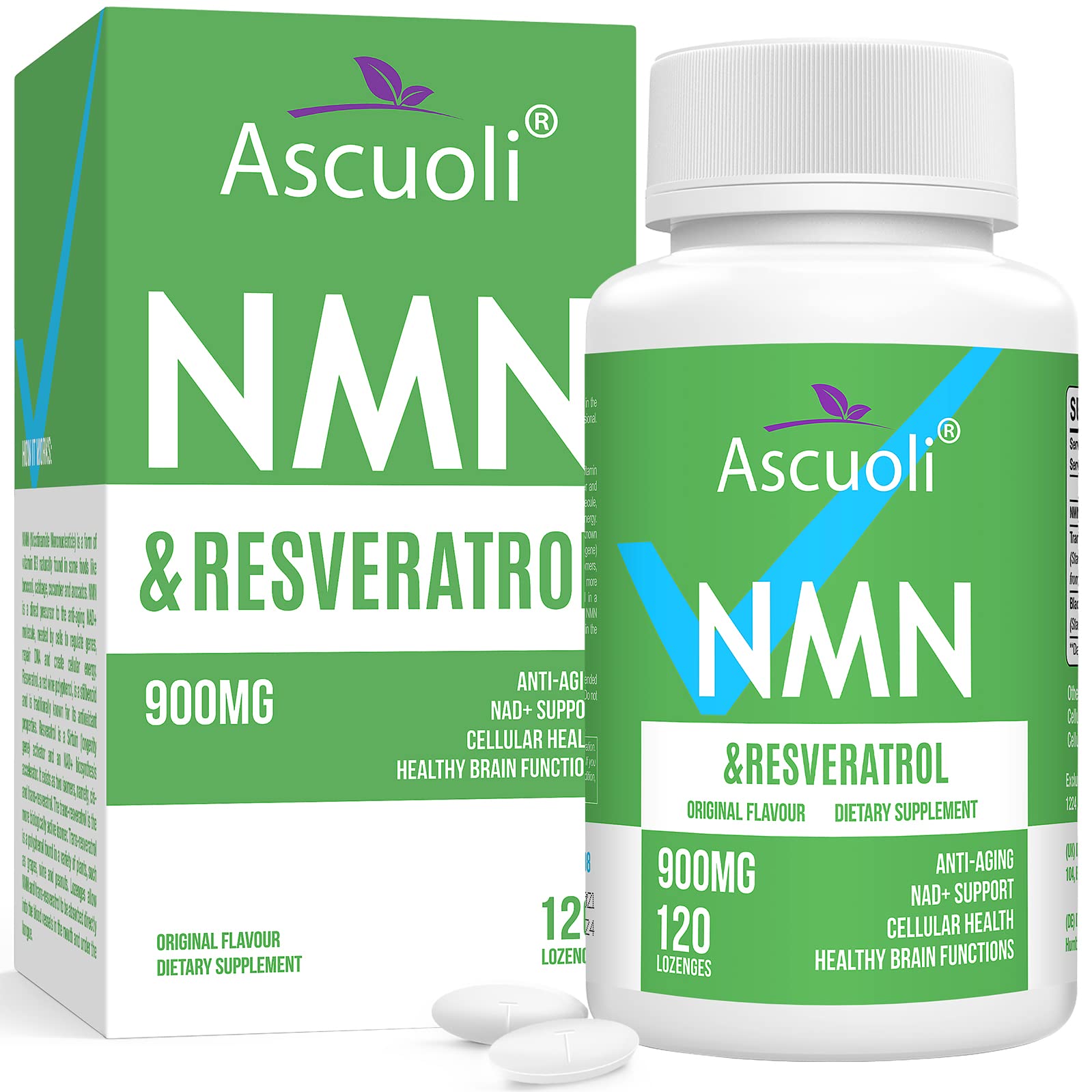 Sublingual NMN 500mg + Trans-Resveratrol 400mg, 3-in-1 Advanced Formula 99% Pure NMN Resveratrol Supplement for Boost* NAD, Cell, Immune, Energy & Muscle, Anti-Aging, 120 Lozenges (120-Day Supply) AscuoliBuy Supplements Australia