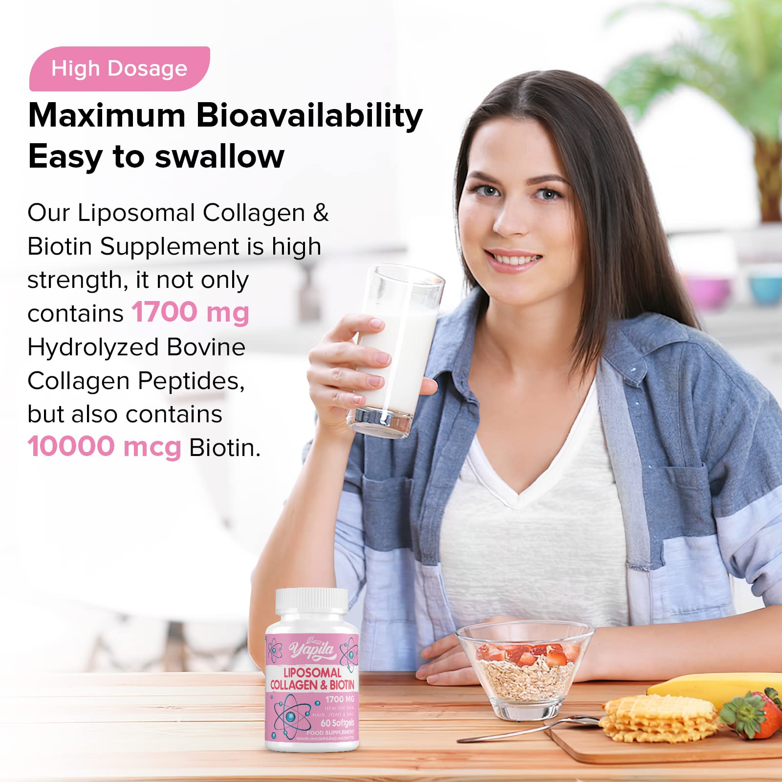 Liposomal Collagen Biotin Capsules, Hydrolyzed Bovine Collagen Peptides 1700 mg, Types 1 & 3 Protein YapilaBuy Supplements Australia