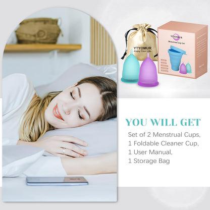 YTYOMUR Menstrual Cup Set, 2 Soft Period Cup Come with Collapsible Cleaner Cup YTYOMUR