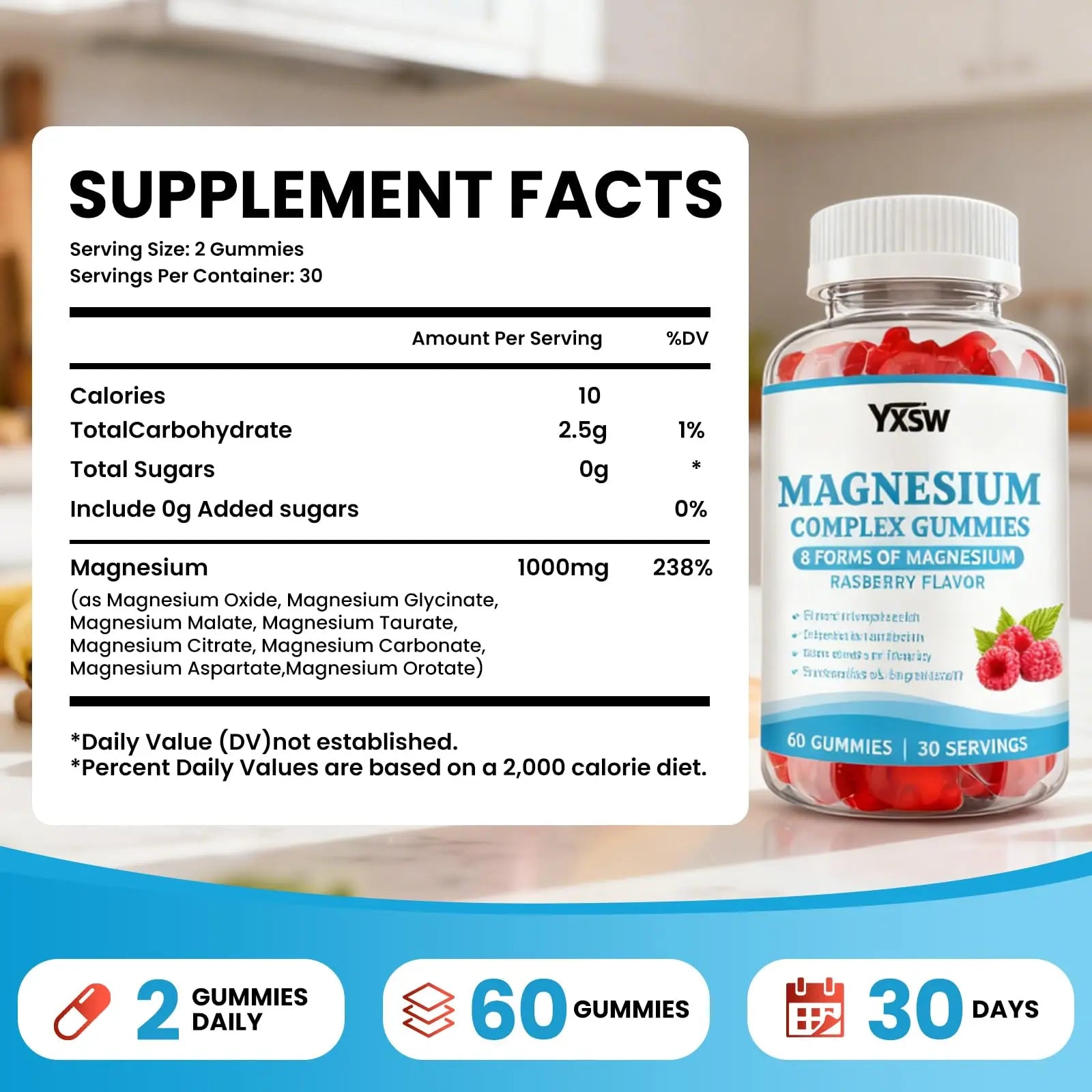 Magnesium Complex Gummies 8 Elemental 1000mg - Magnesium Glycinate, Citrate, Malate, Taurate, Supports Bones, Muscle, Nerve Health, for Women & Men, Vegan Non-GMO, Raspberry Flavor, 60 Count YXSW buy supplements Au