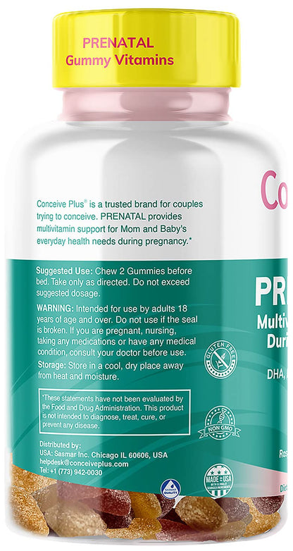 CONCEIVE PLUS Prenatal Gummies - DHA, Folic Acid, Vitamin D3, C, Zinc, and Omega 3, Natural Lemon CONCEIVE PLUS