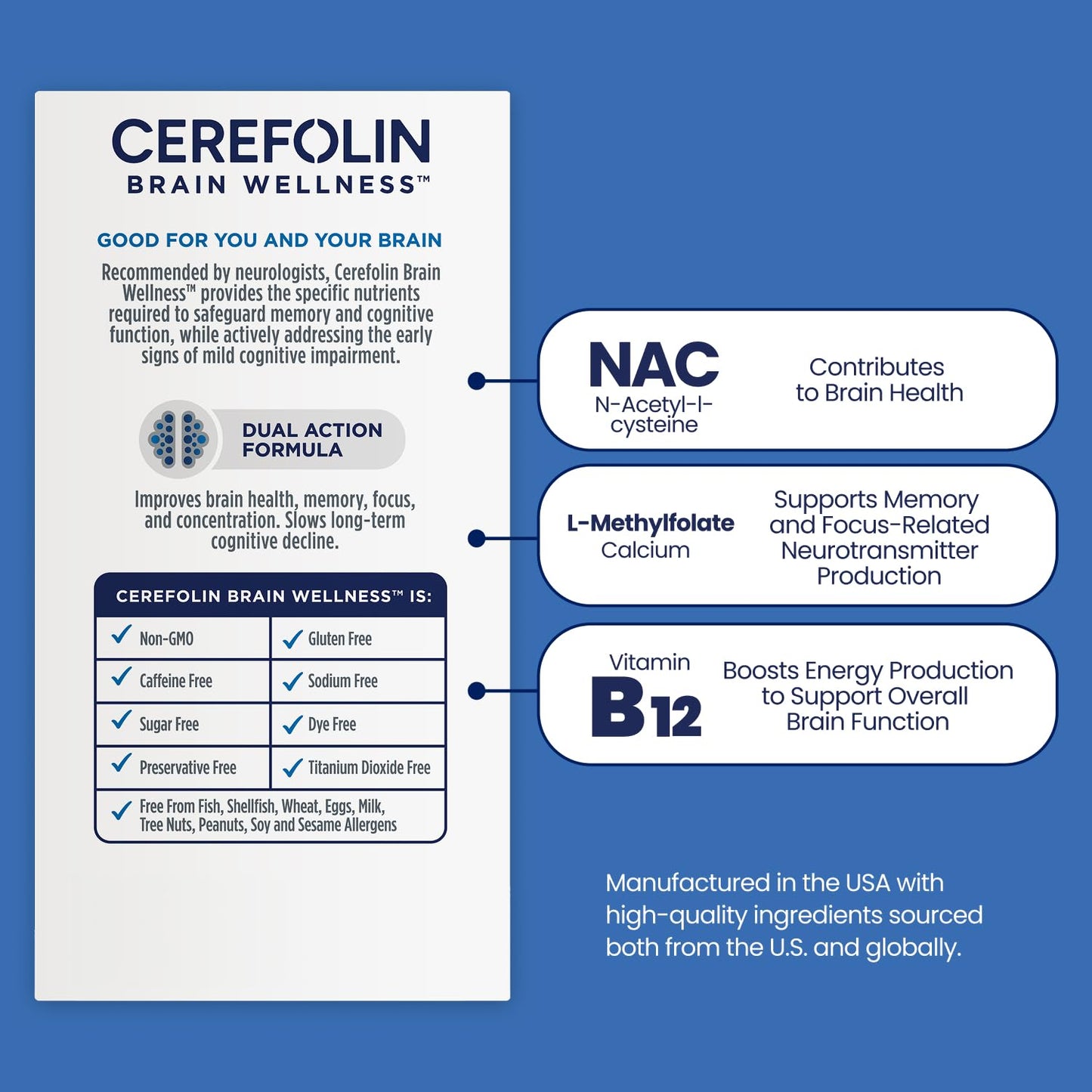 Cerefolin Brain Wellness, Targeted Nutrition for Cognitive Support, Improves Memory, Focus & Concentration, L-Methylfolate, NAC, B12, Neurologist Recommended (60 Count) CerefolinBuy Supplements Australia