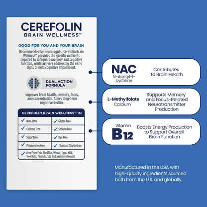 Cerefolin Brain Wellness, Targeted Nutrition for Cognitive Support, Improves Memory, Focus & Concentration, L-Methylfolate, NAC, B12, Neurologist Recommended (60 Count) CerefolinBuy Supplements Australia