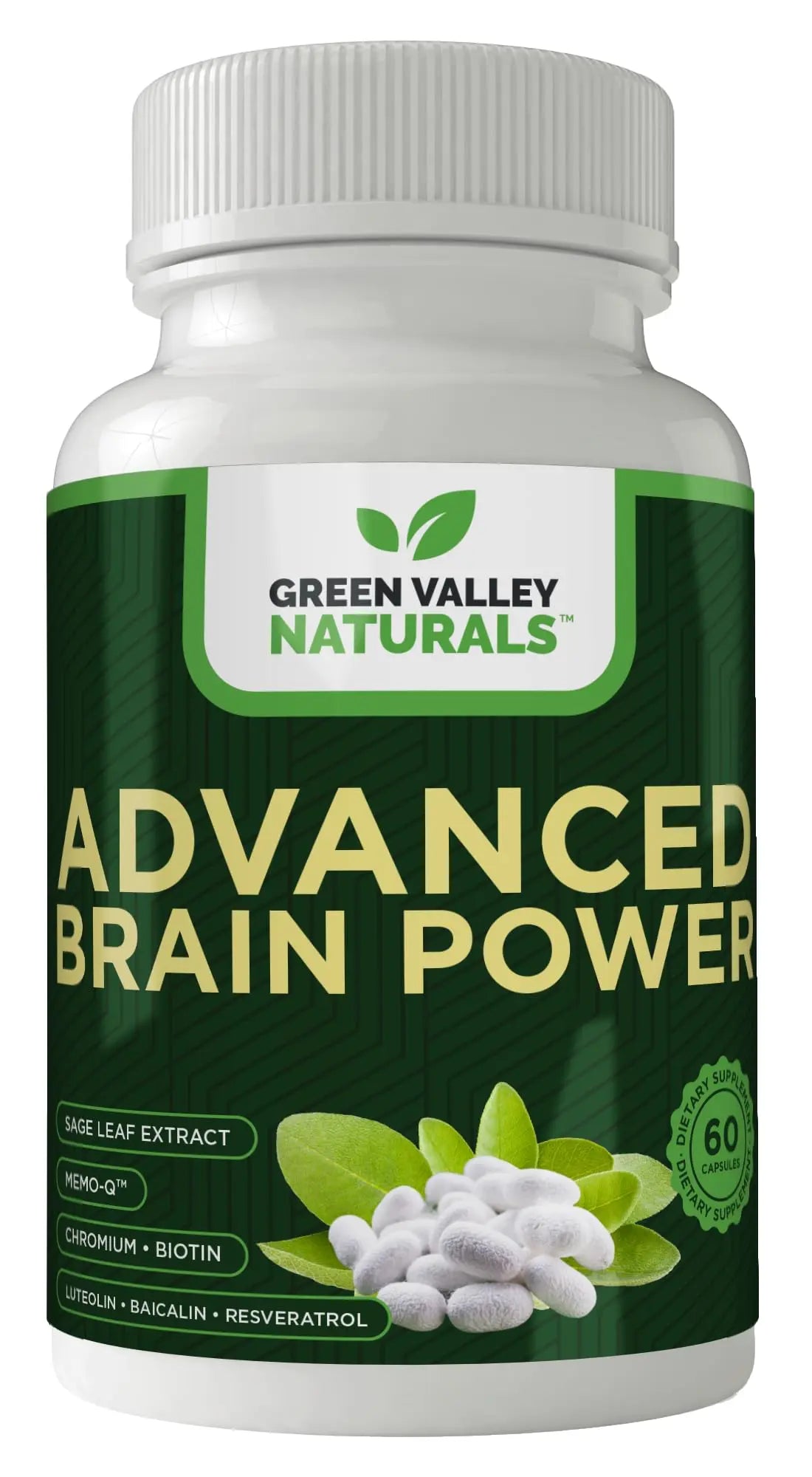 Bottle of Green Valley Naturals Advanced Brain Power supplement on a white background