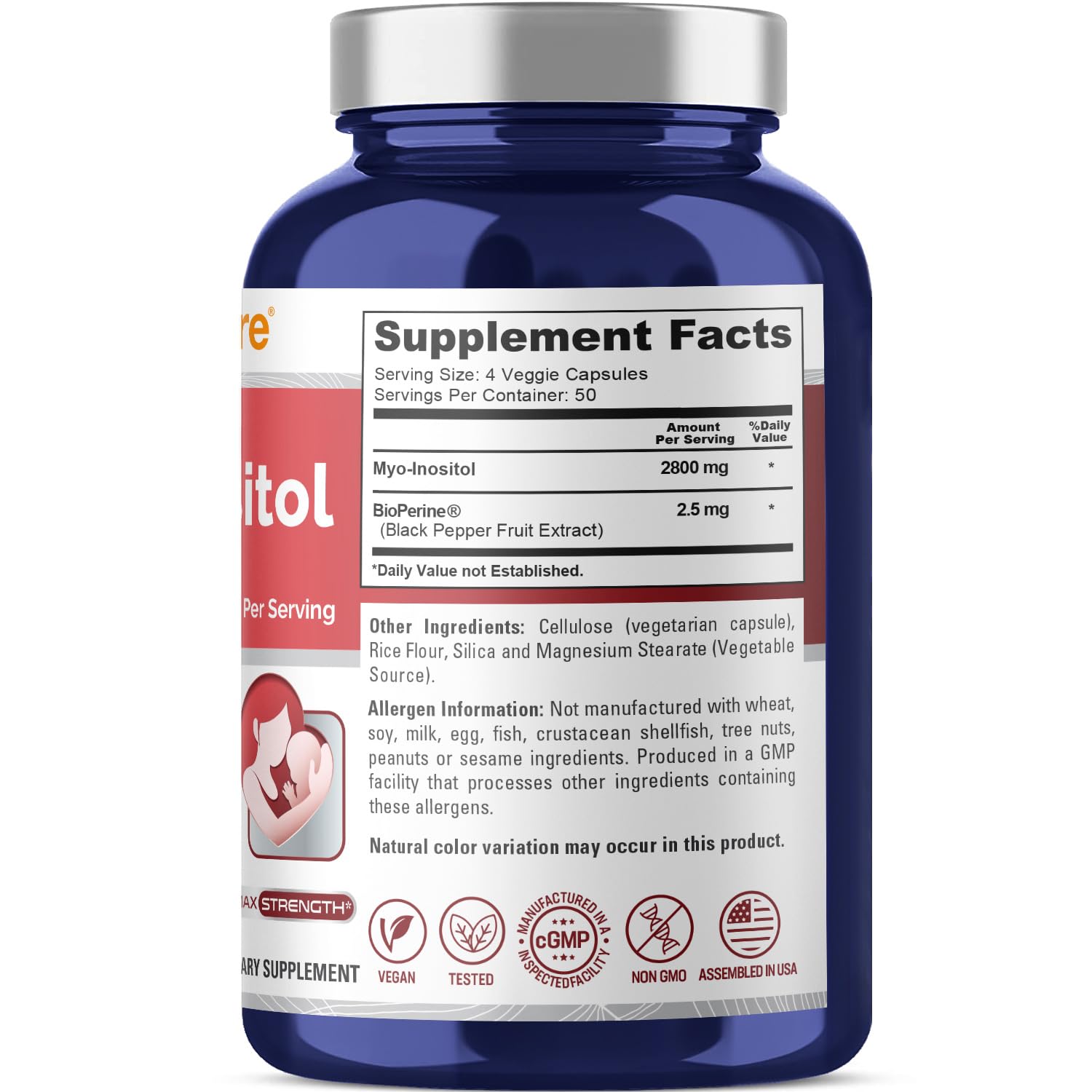 NusaPure Myo-Inositol - Suitable for Vegetarian/Vegan, Non - GMO - 2800mg, 200 Capsules NusaPureBuy Supplements Australia