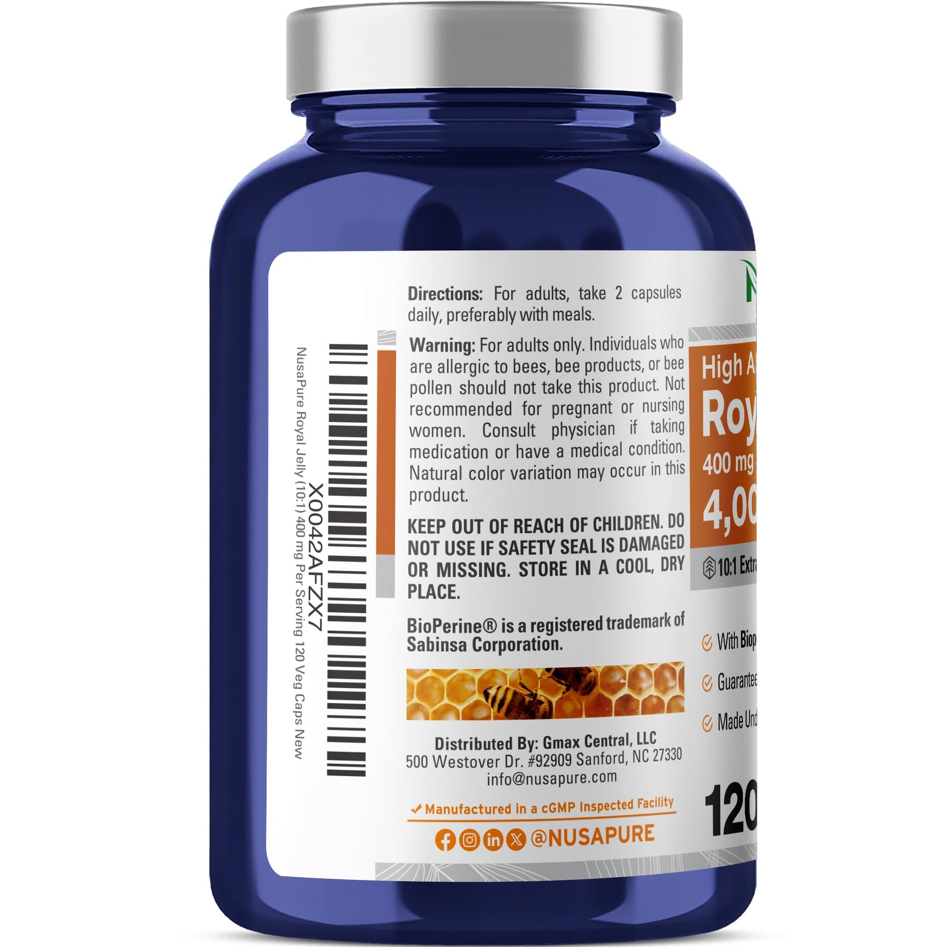 NusaPure Royal Jelly 10:1 Extract, 400 mg Equivalent to 4000mg - 120 Veggie Capsules (Non-GMO, Dairy Free, Dietary Supplement) NusaPureBuy Supplements Australia