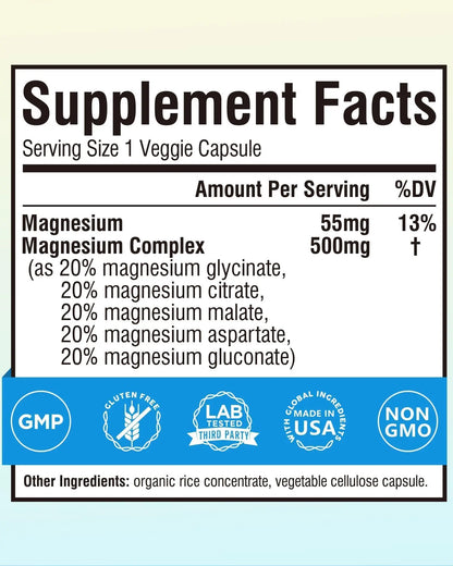 Terranics 5-in-1 Magnesium Complex Supplement 500mg - 5 Forms High Absorption Magnesium Glycinate Citrate Malate Aspartate Gluconate for Sleep Heart Health - Non-GMO 120 Vegan Capsules Terranics buy supplements Au