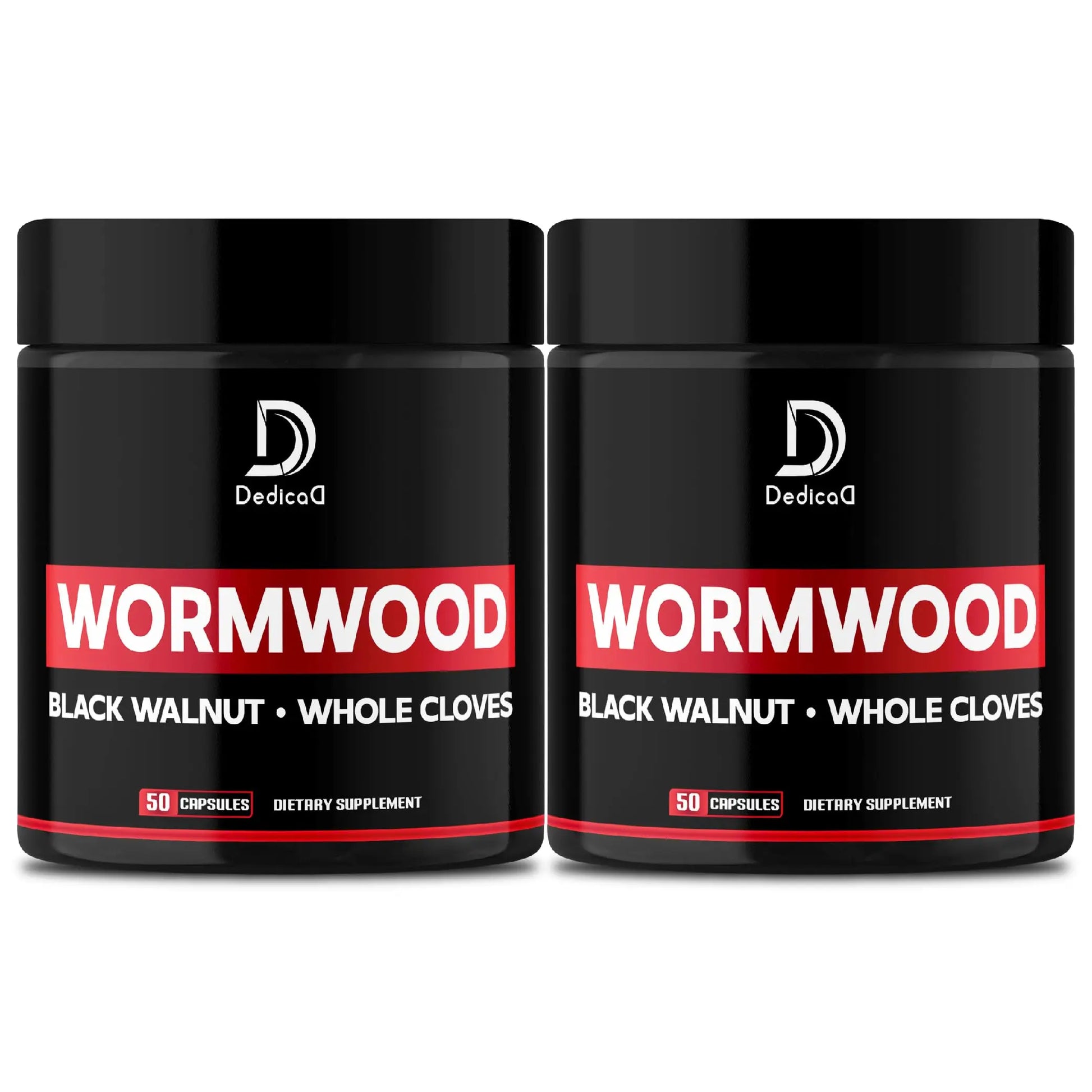 Two black jars of 'Wormwood' dietary supplement with red labels on a white background.