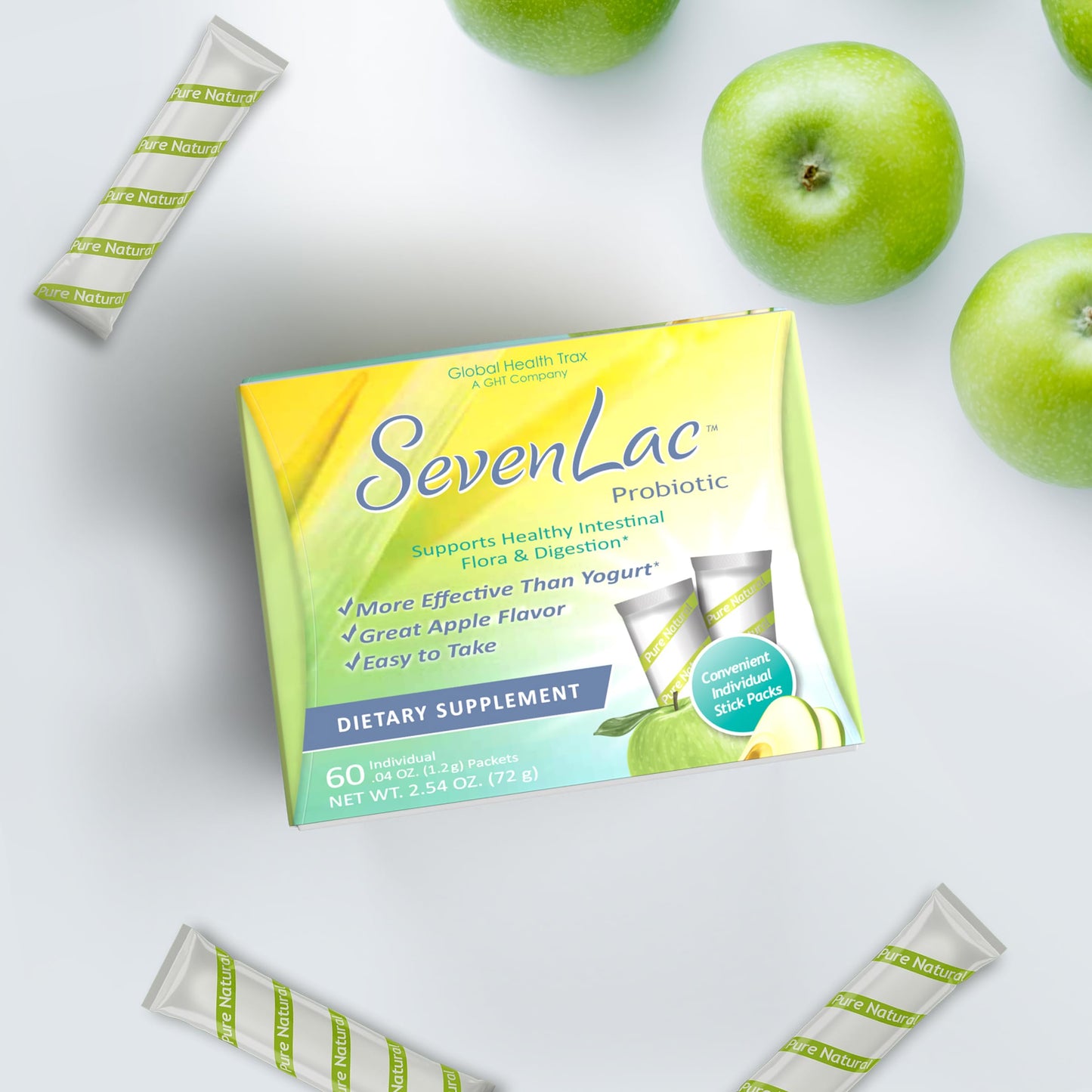 Global Health Trax SevenLac Apple Probiotic Powder Drink Mix, Probiotics for Women, Men, and Kids – Smooth Digestive Support - Relieves Constipation and Gas – 60 Packets, 2.54 Oz, Non-GMO, Gluten-Free ght Global Health TraxBuy Supplements Australia
