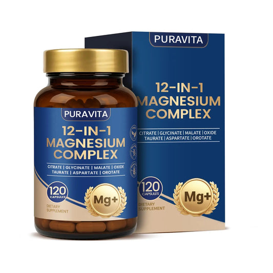 Puravita 12-in-1 Magnesium Complex bottle and packaging on a white background