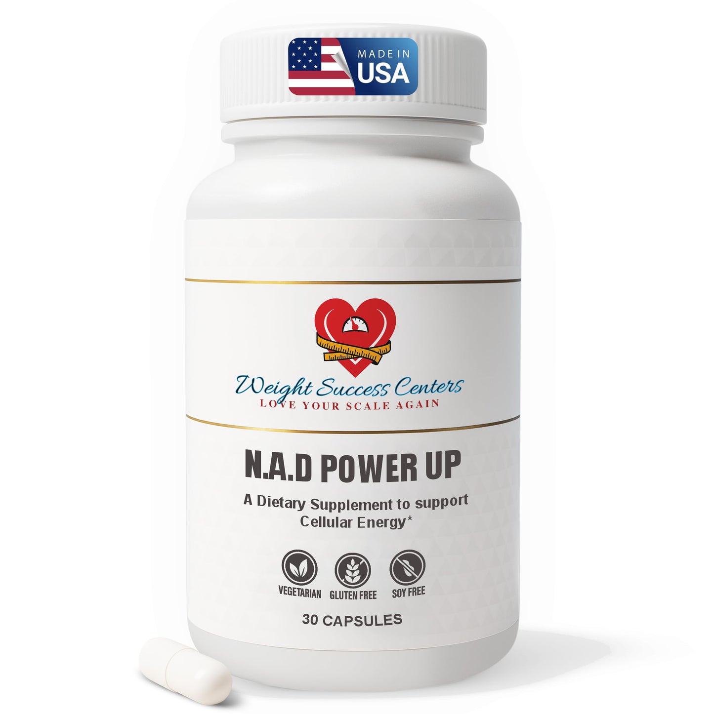 Supplement bottle labeled 'N.A.D Power Up' from Weight Success Centers on a white background