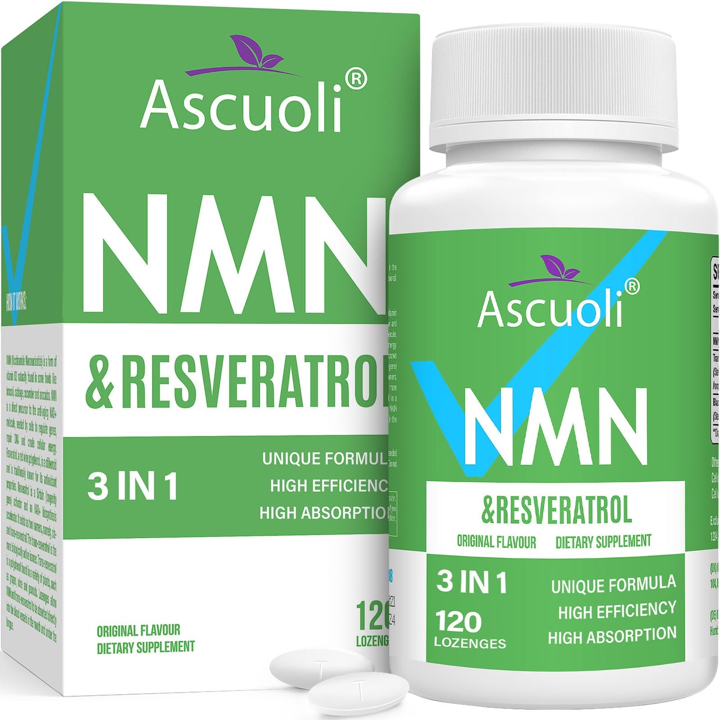 Sublingual NMN 500mg + Trans-Resveratrol 400mg, 3-in-1 Advanced Formula 99% Pure NMN Resveratrol Supplement for Boost* NAD, Cell, Immune, Energy & Muscle, Anti-Aging, 120 Lozenges, 120-Day Supply AscuoliBuy Supplements Australia