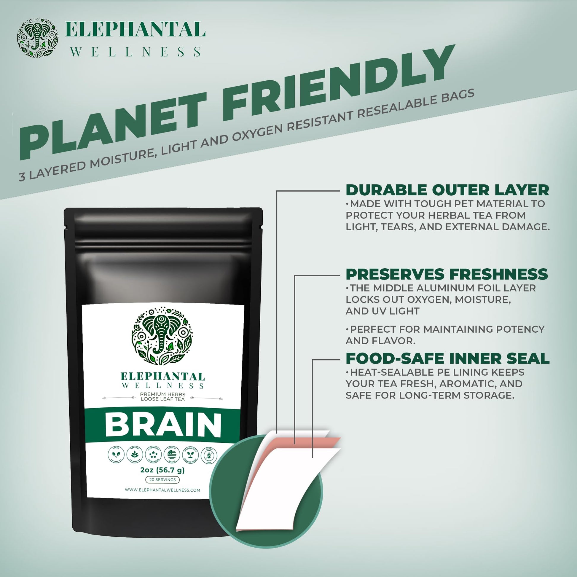 Elephantal Wellness Premium Brain Herbal Tea | Nootropic Focus & Mental Clarity with Ginkgo, Bacopa, Gotu Kola & Rosemary | Non-GMO, Caffeine-Free Coffee Alternative, Handmade Loose Leaf Blend, 2oz Loose Leaf, 20 Servings Elephantal WellnessBuy Supplements Australia