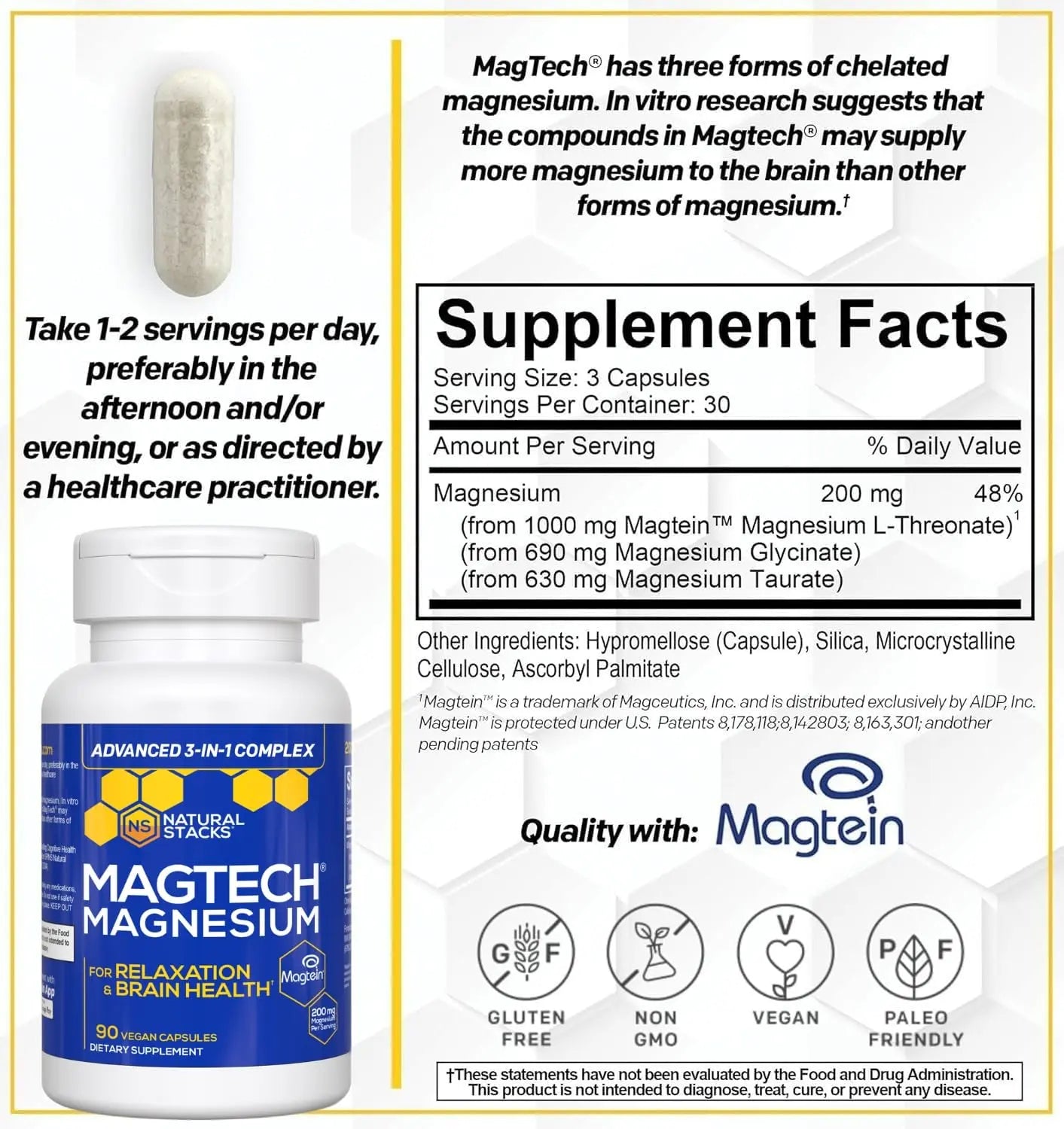 MagTech Magnesium Complex for Women & Men - 3 Forms of Magnesium: Glycinate, Magtein L-Threonate & Taurate - 200mg Chelated Complex NATURAL STACKS