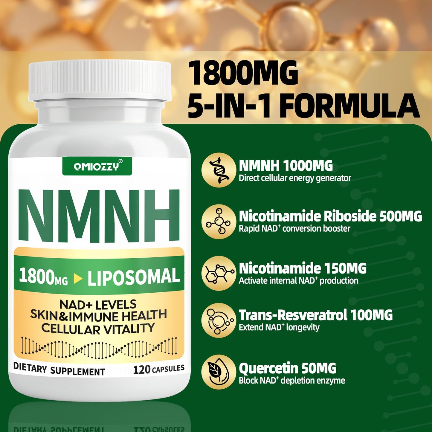 NMNH Supplement 1000mg - Nicotinamide Mononucleotide Alternative, Boost NAD+ with Liposomal Resveratrol & Nicotinamide Riboside NR, for Healthy Cellular, Aging, Energy, 120 Vegan Non-GMO Capsules QmiozzyBuy Supplements Australia