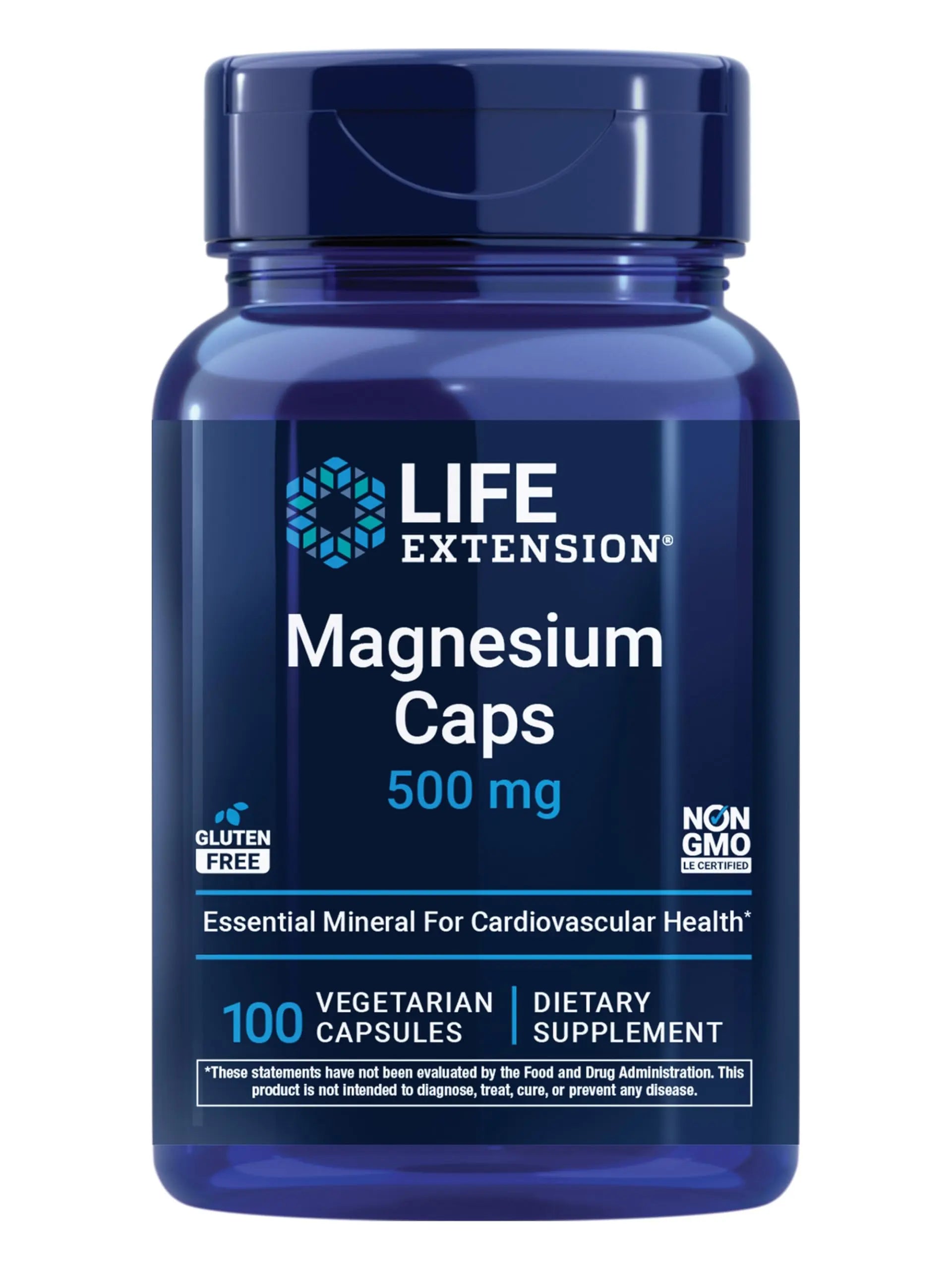 Blue bottle of Life Extension Magnesium Caps on a white background