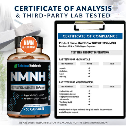 NMNH Supplement (NMN Alternative) NAD Booster for Anti-Aging, Cellular Energy & Nice Skin- Dihydronicotinamide mononucleotide, Resveratrol, Quercetin & BioPerine® for Max Absorption- 60 caps Rainbow Nutrients, LLCBuy Supplements Australia