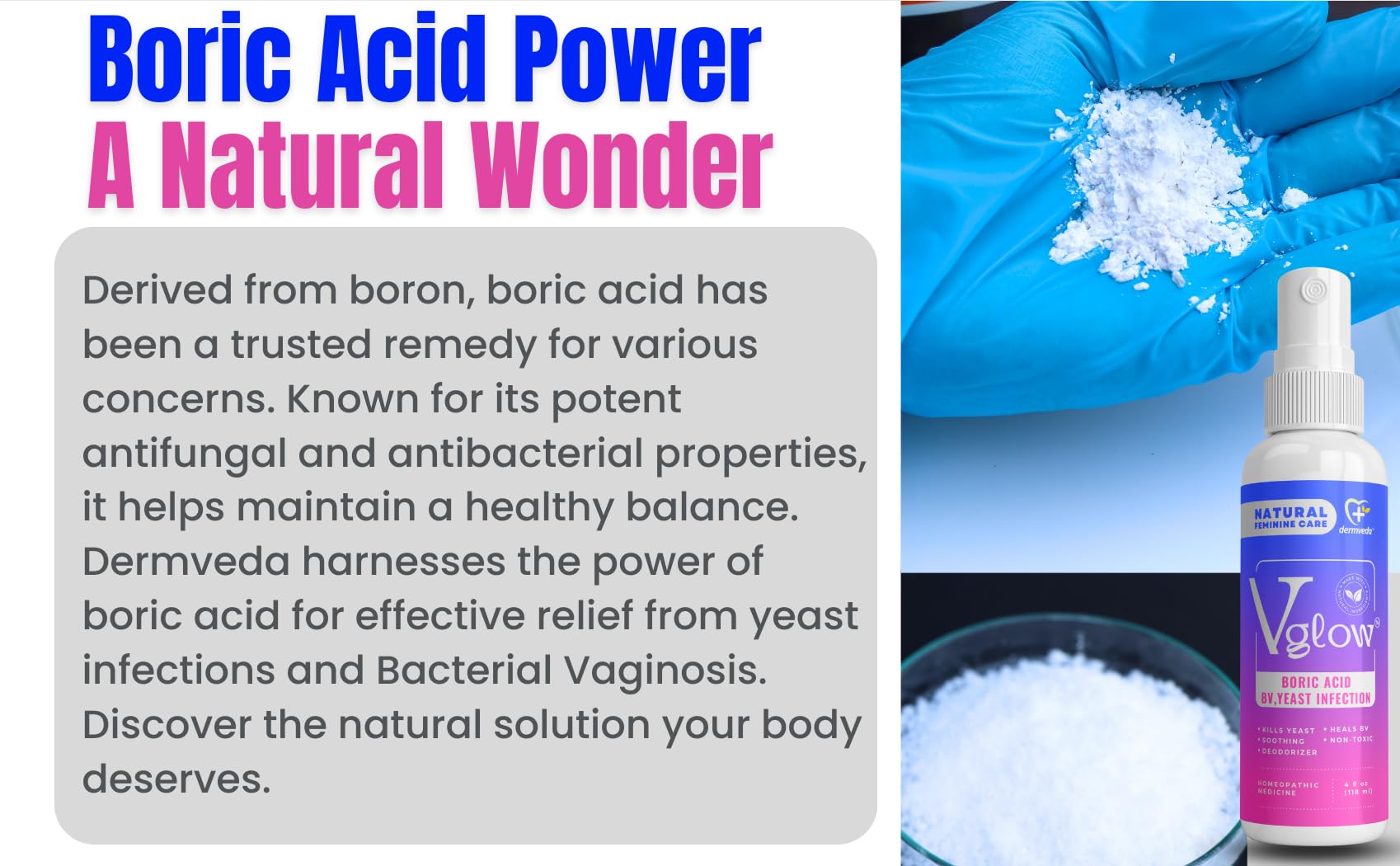 Dermveda Boric Acid BV Relief for Women - Natural Yeast Infection, Odor, Itch Relief Solution DermvedaBuy Supplements Australia