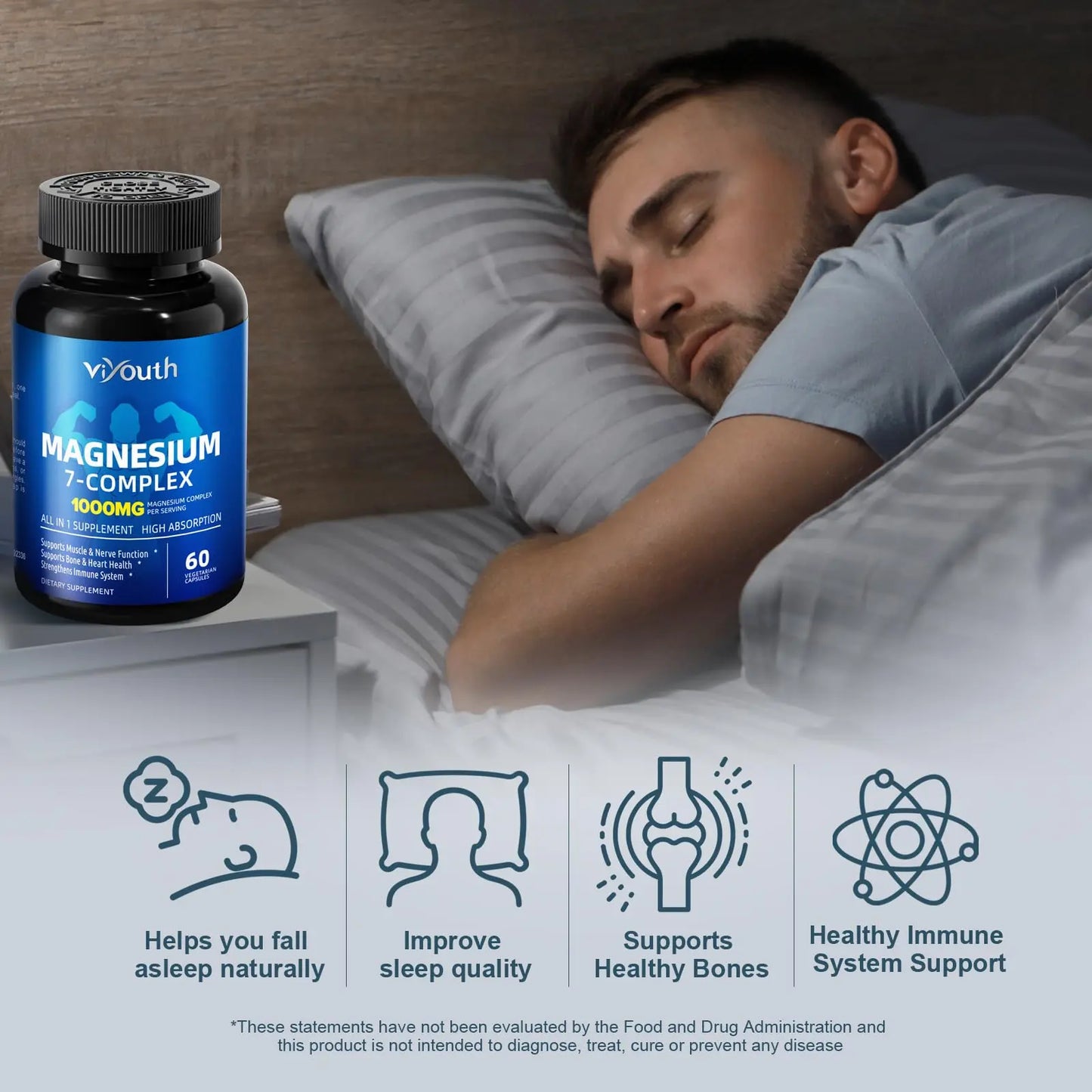 Magnesium 7 Complex Supplement Advanced with 7 Forms of Magnesium (Glycinate, Malate, Chelate, Aspartate, Orotate, Taurine, Citrate), Zinc, Vitamin D3 & Vitamin B6 VIYOUTH