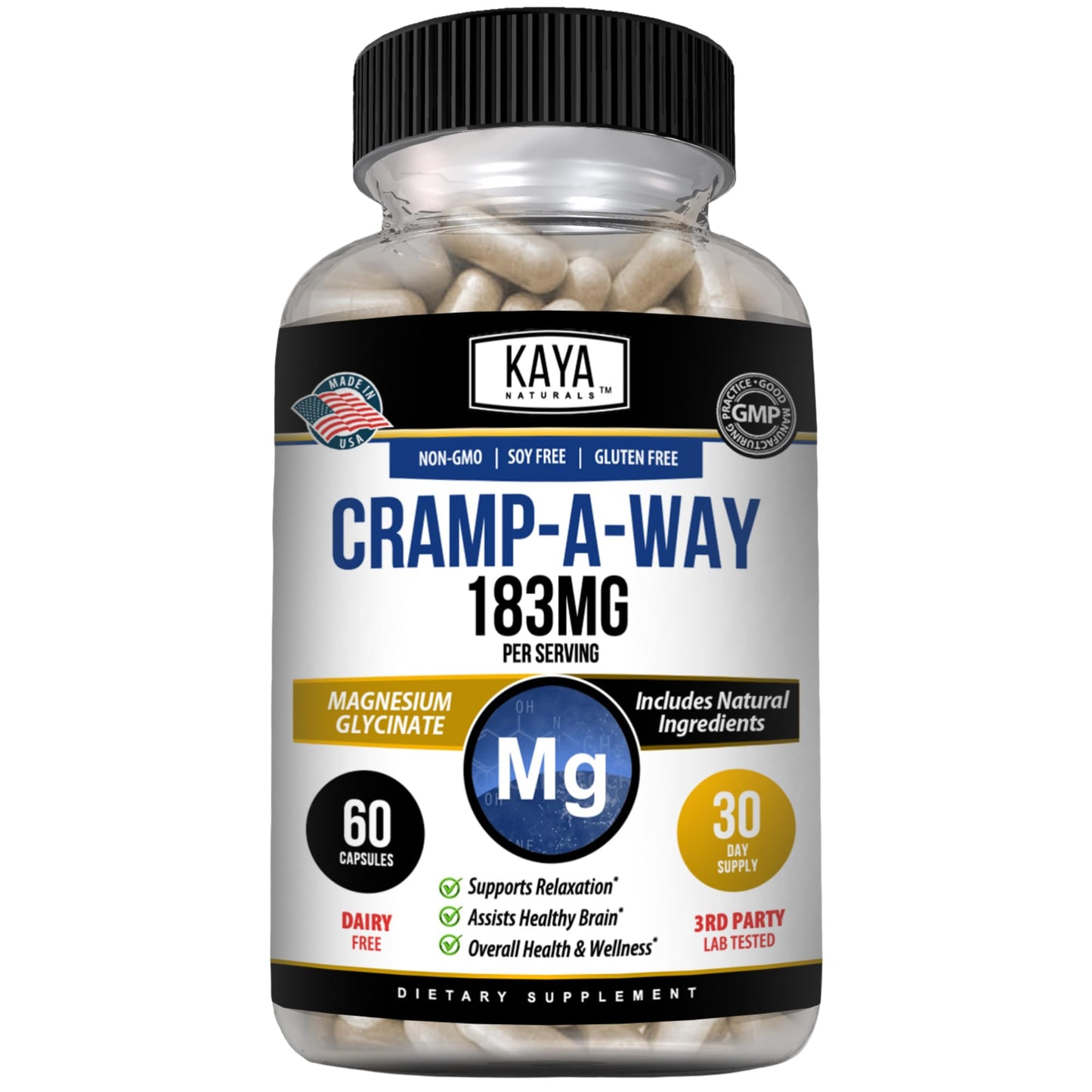 Kaya Naturals Cramp-A-Way Magnesium Glycinate 183mg (60 Count (Pack of 1) Kaya NaturalsBuy Supplements Australia