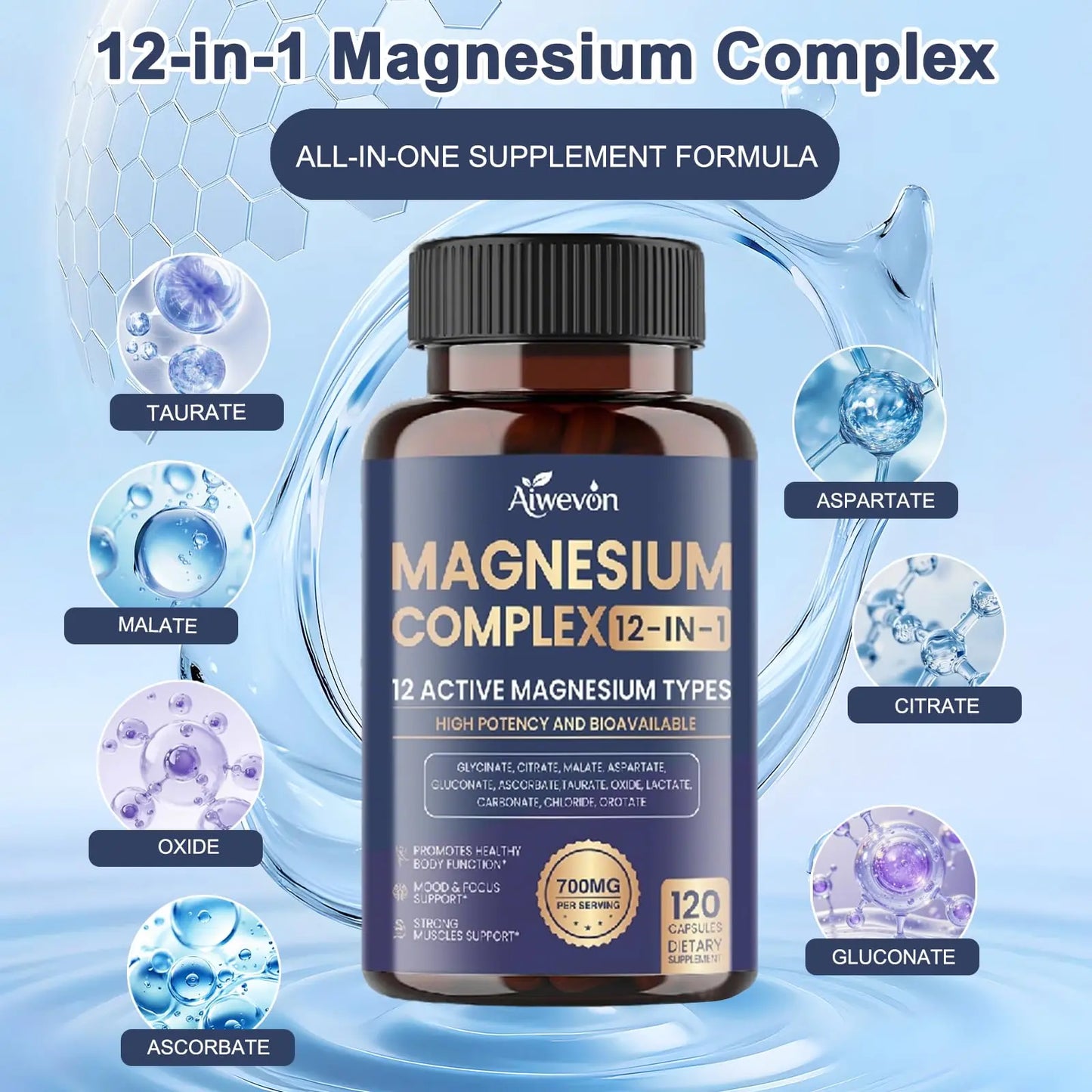 Magnesium Complex 700mg, 12 in 1 Magnesium Supplement with Glycinate, Citrate, Malate, Oxide, Taurate & Orotate, High Absorption Magnesium for Sleep, Muscle, Nerve & Heart Support, Vegan, 120 Capsules Aiwevon buy supplements Au